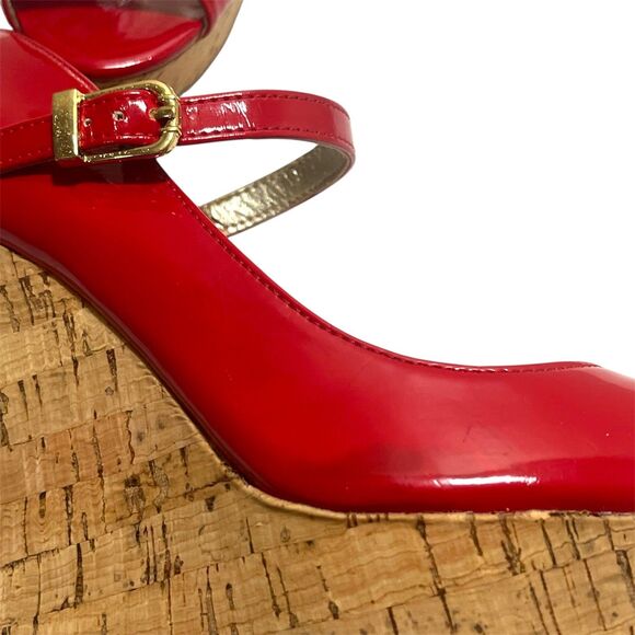 Guess Women's Size 6.5 Red Cork Wedge Open Toe Heels with Buckle Strap READ - Picture 8 of 13